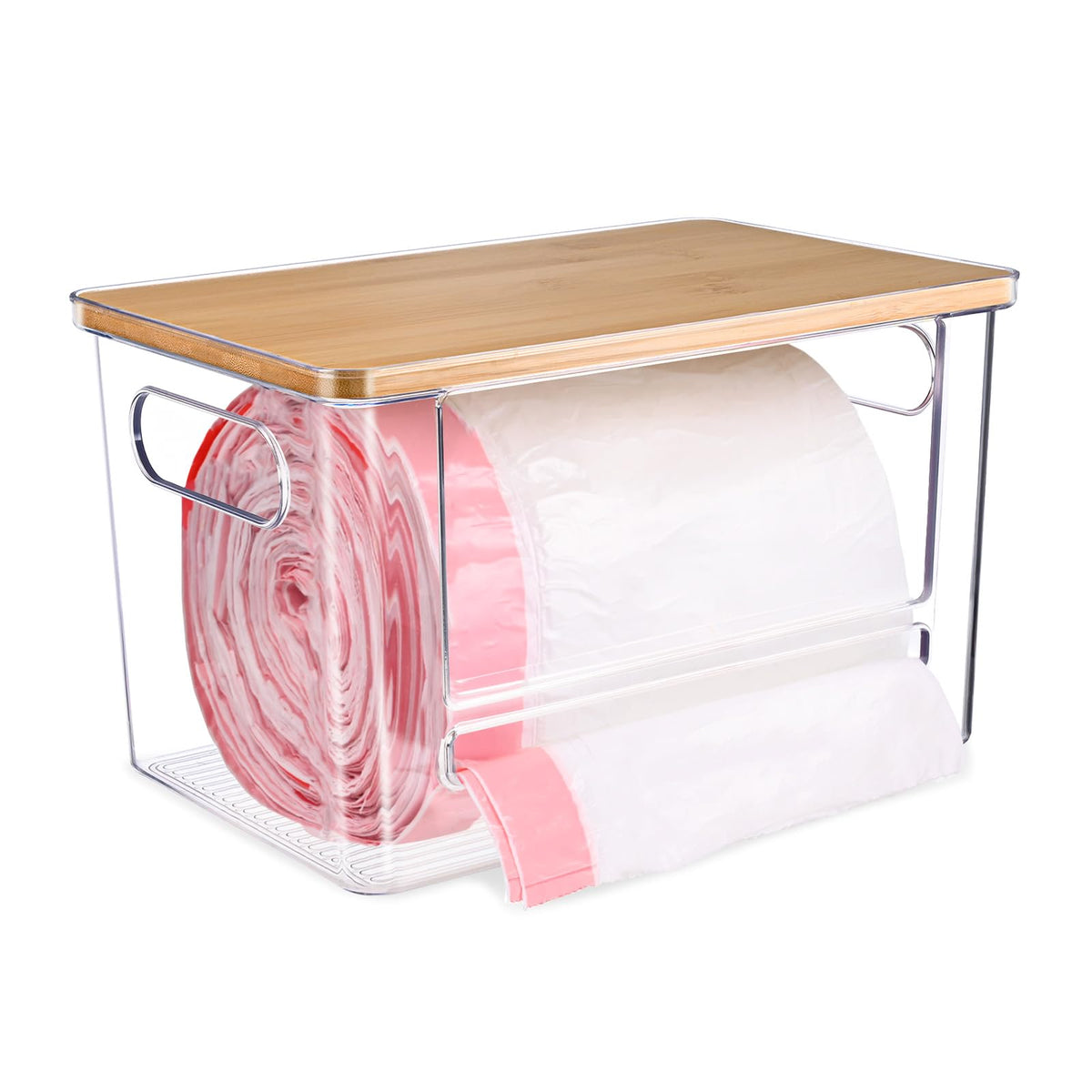 Hiitytin trash bag dispenser with bamboo top shows sturdy, space-saving design for countertops.