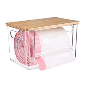 Hiitytin trash bag dispenser with bamboo top shows sturdy, space-saving design for countertops.