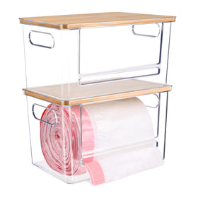 Hiitytin trash bag holder under sink with bamboo top for easy access.