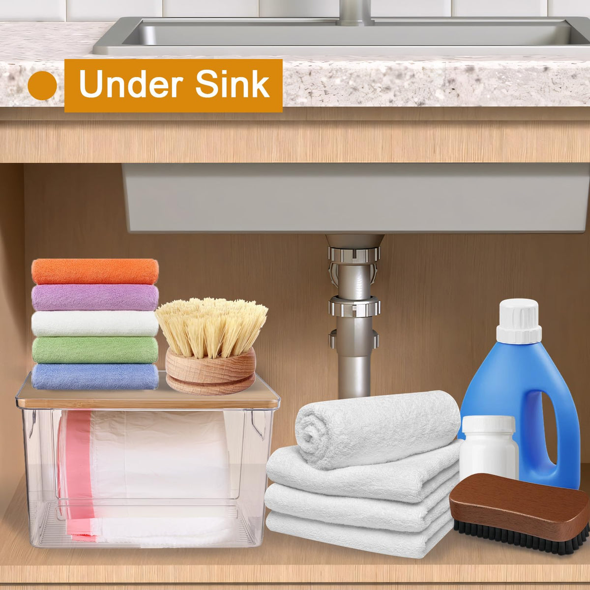 Hiitytin under-sink dispenser pictured for easy front-access bag retrieval.