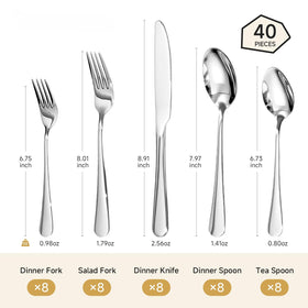 HIKAA 40-piece set for 8 dinner forks; sturdy, corrosion-resistant stainless steel.