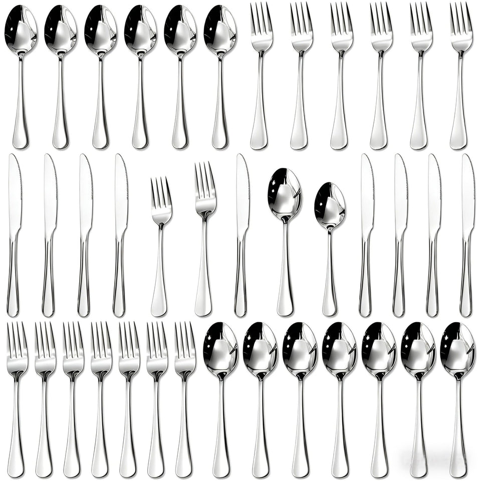 HIKAA 40-piece set for 8 with dinner knives; durable, ideal for everyday dining.