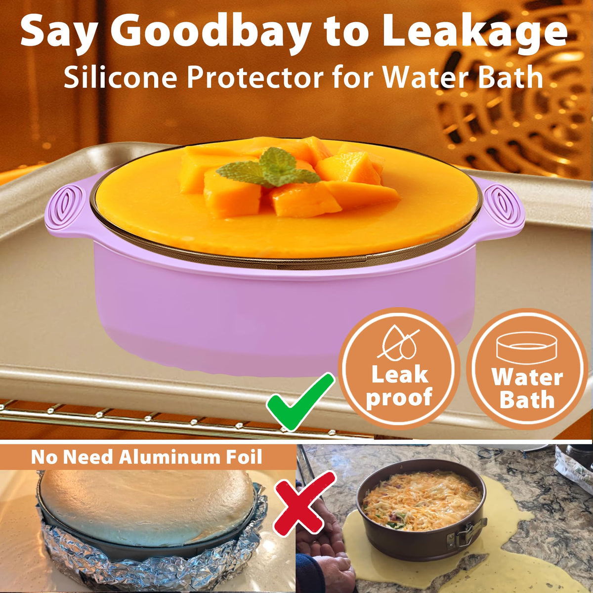 Hikolvol silicone protector shown with pan for leakproof baking.