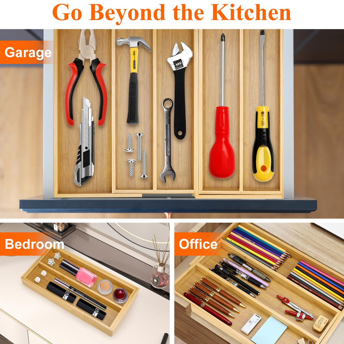 Hilislog bamboo cutlery drawer tray in a tidy kitchen drawer