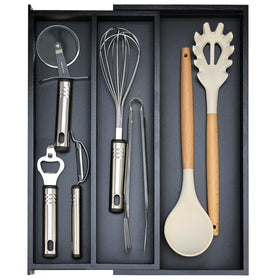 Hilislog bamboo drawer organizer expanded for flexible spacing and clutter-free drawers.