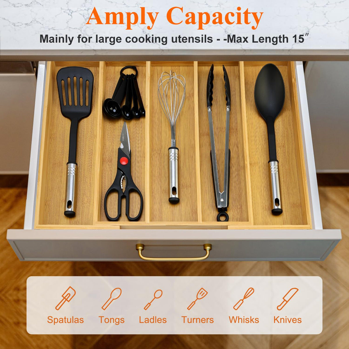 Hilislog bamboo drawer divider illustrating side expandability to maximize drawer space