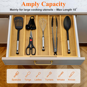 Hilislog bamboo drawer divider illustrating side expandability to maximize drawer space