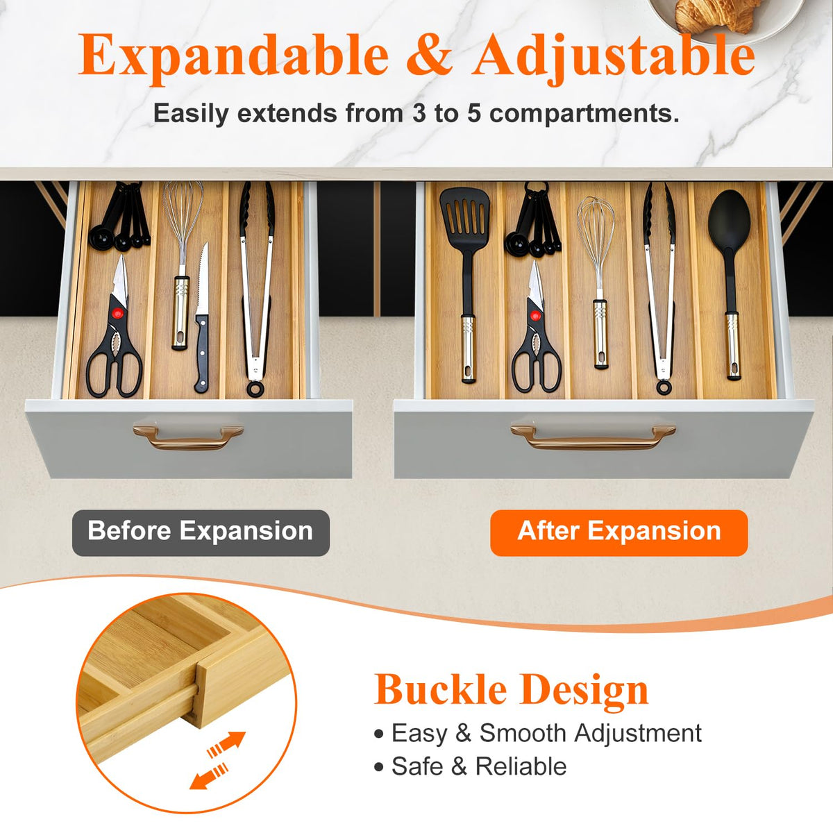 Hilislog five-compartment organizer kept utensils neatly separated in a drawer