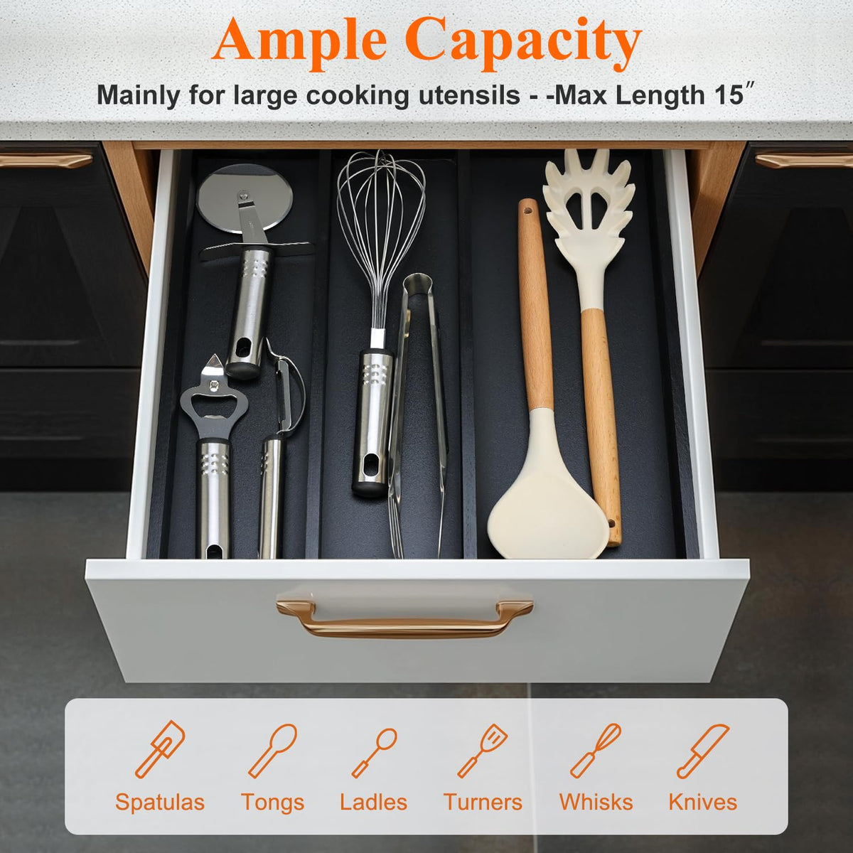 Hilislog expandable side slots organize utensils by size for quick access.