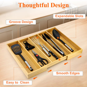 Hilislog kitchen drawer organizer in use with ladles, tongs, and spatulas