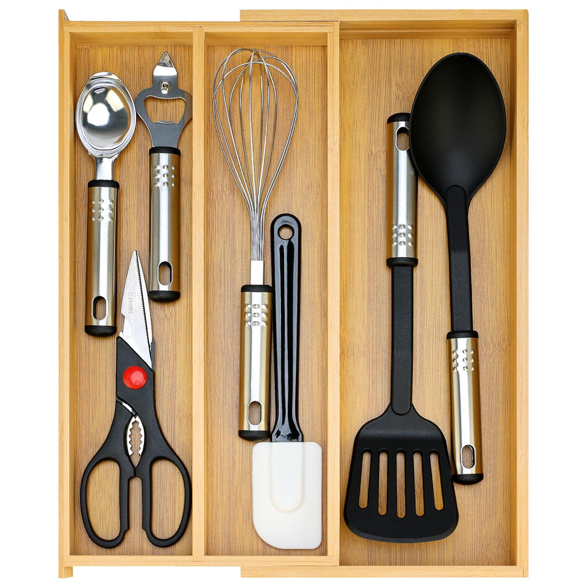 Hilislog large bamboo silverware drawer organizer tray showing roomy compartments for utensils