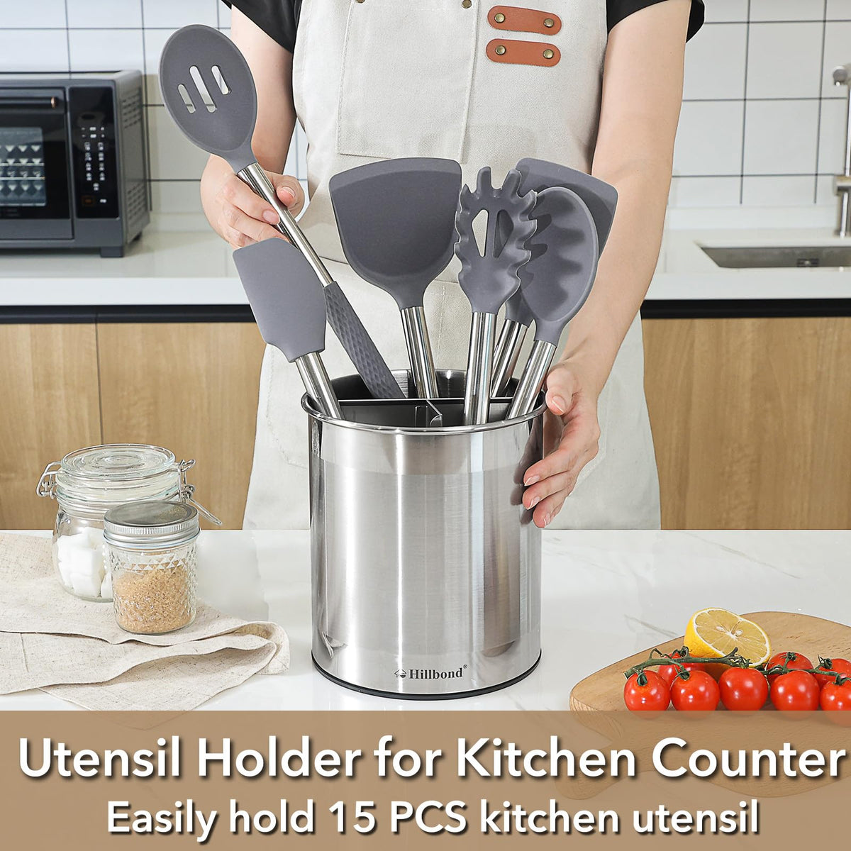 Hillbond matte stainless steel caddy with divider for organized cooking tools.