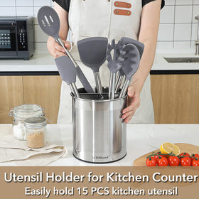 Hillbond matte stainless steel caddy with divider for organized cooking tools.