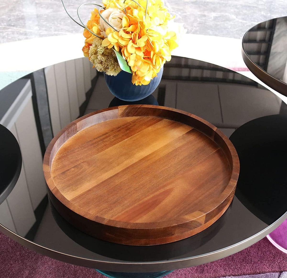 HillSpring Acacia round serving tray centerpiece for ottomans and coffee tables.