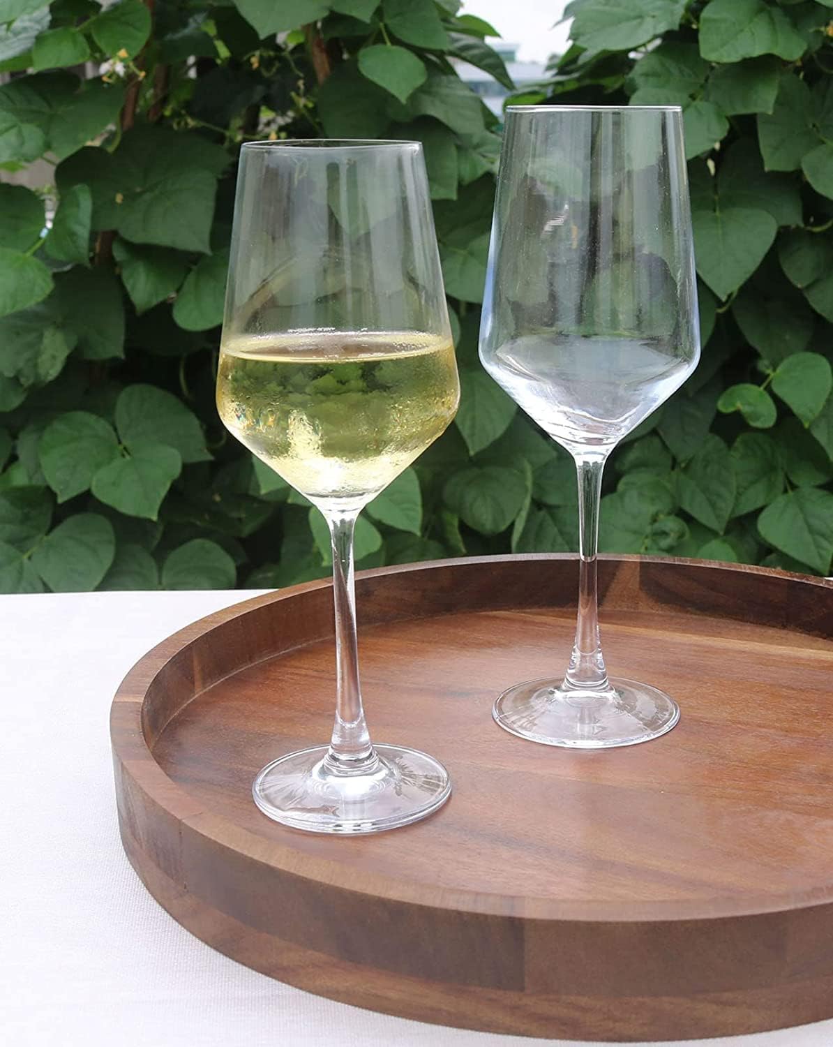 HillSpring Acacia round serving tray non-slip feet protect tables during use.