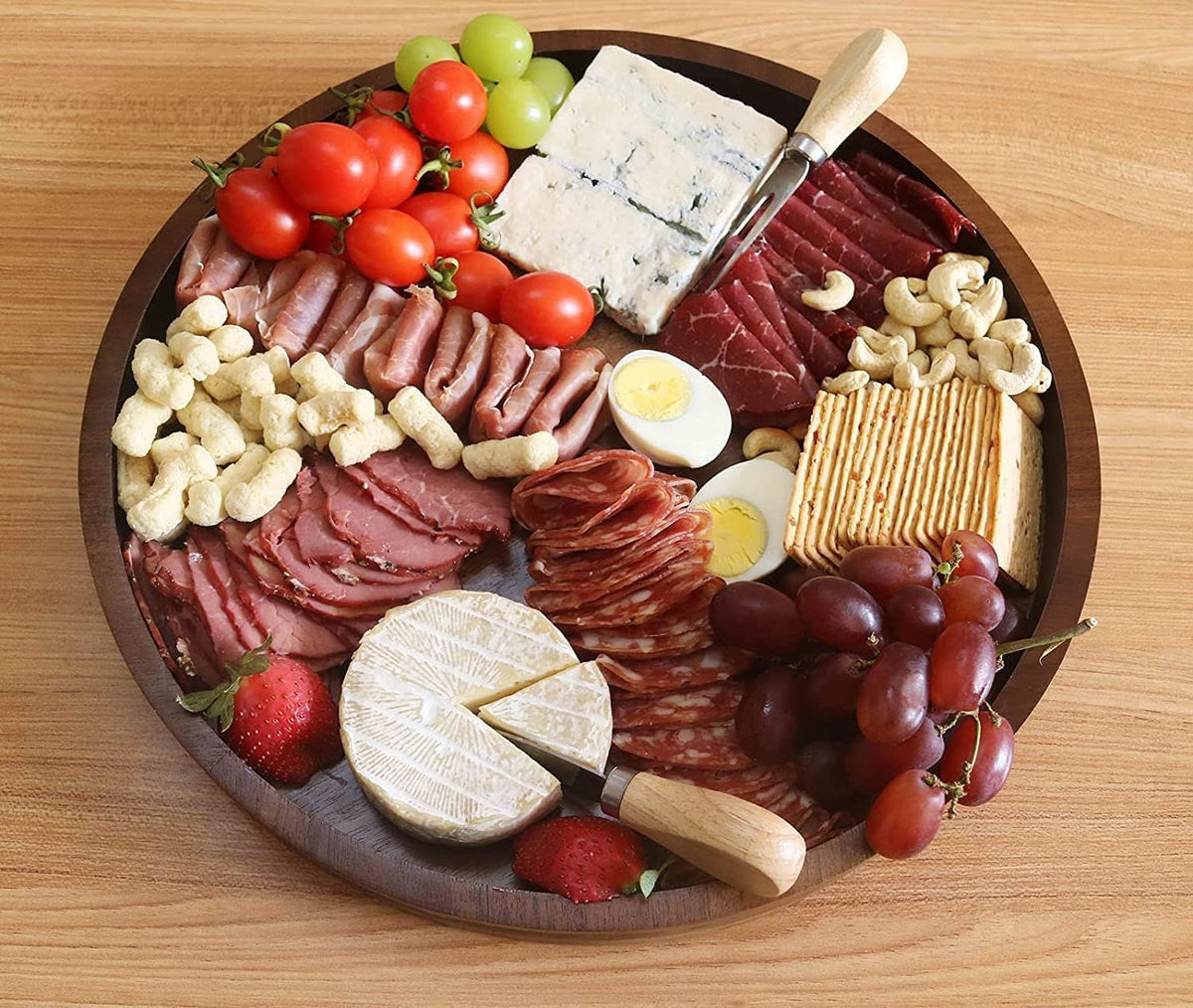 HillSpring Acacia round serving tray smooth surface ideal for clean, simple gatherings.