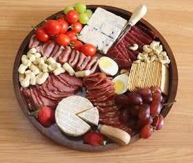 HillSpring Acacia round serving tray smooth surface ideal for clean, simple gatherings.