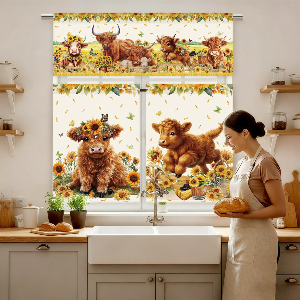 Hillsuren Highland Cow curtains frame windows with vintage farmhouse charm.