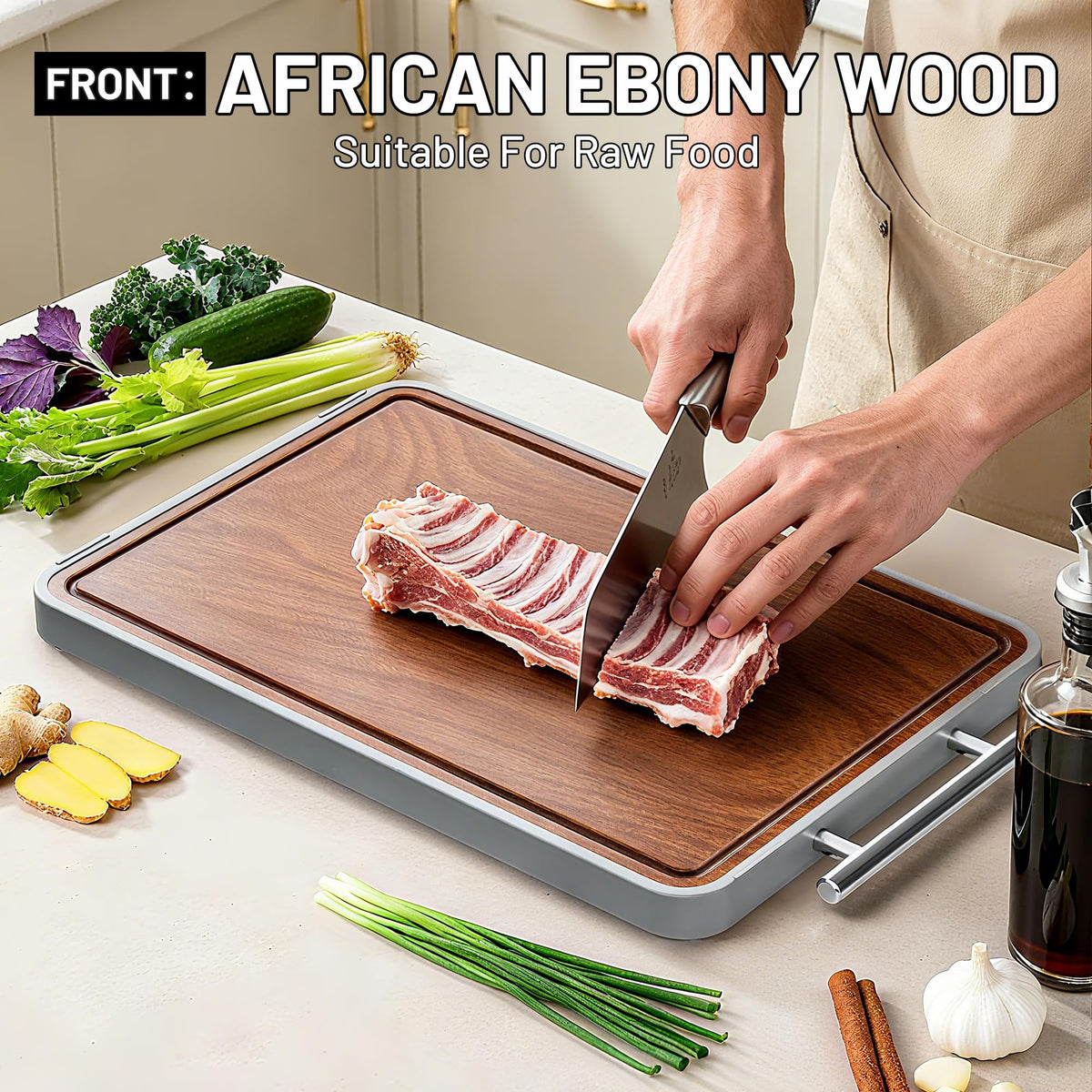Hilmon ebony wood cutting board raw vs cooked surfaces for separation.