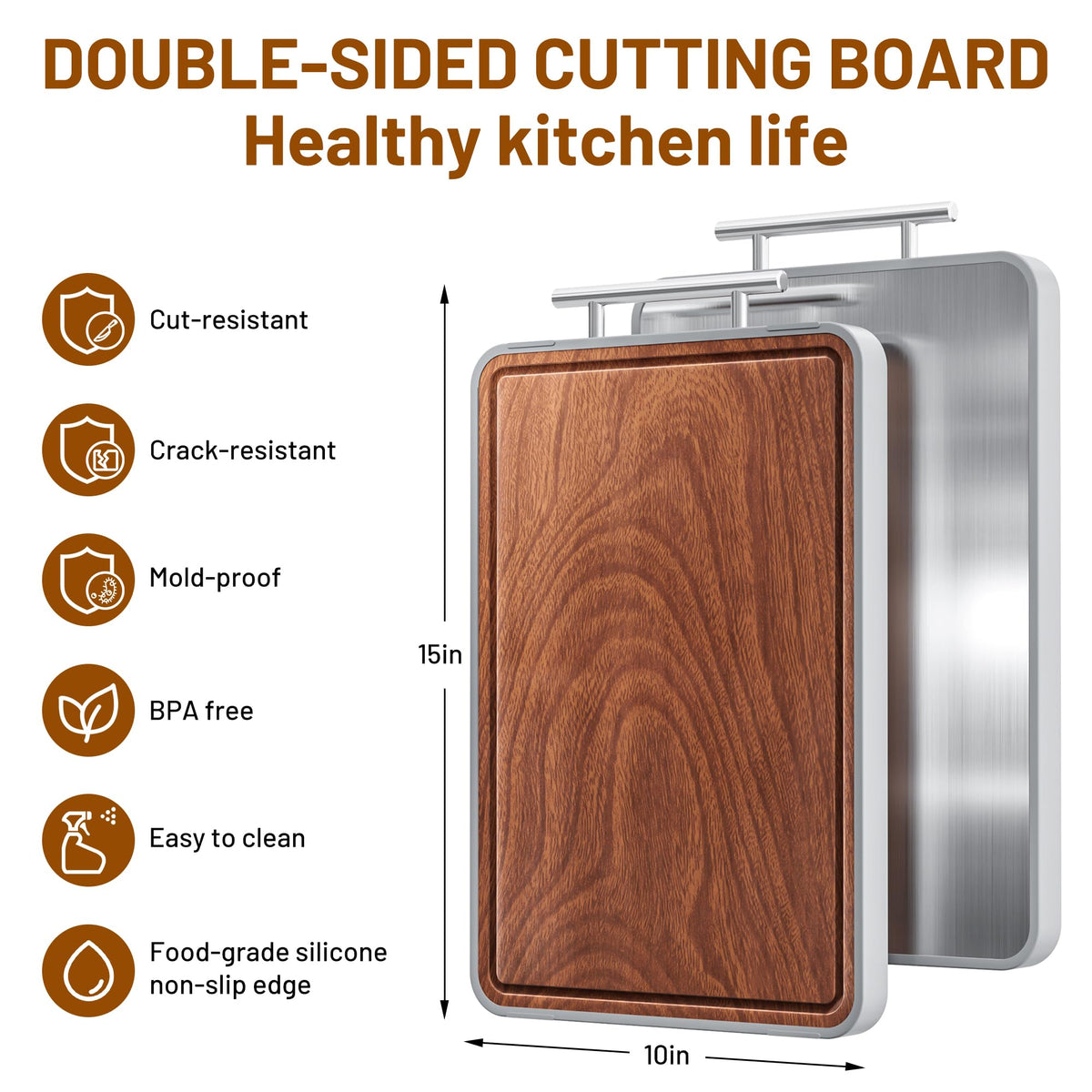 Hilmon ebony wood surface with smooth finish protects foods and knives.