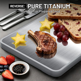 Hilmon titanium cutting board brushed finish provides anti-slip stability.