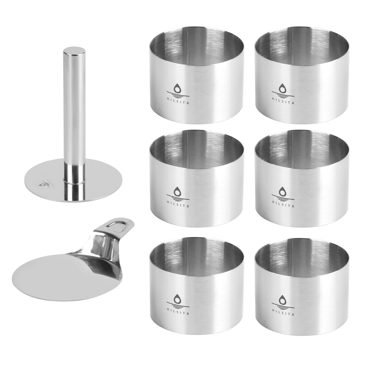 Hilsita 8-piece cake ring set with pusher and lifter for precise layering