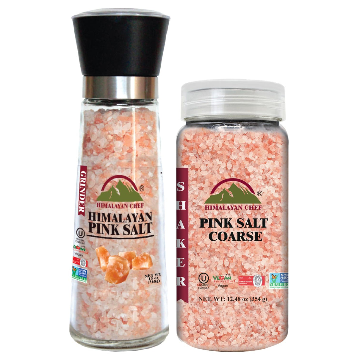 Himalayan Chef pink salt grinder with rose-gold top for precise seasoning.