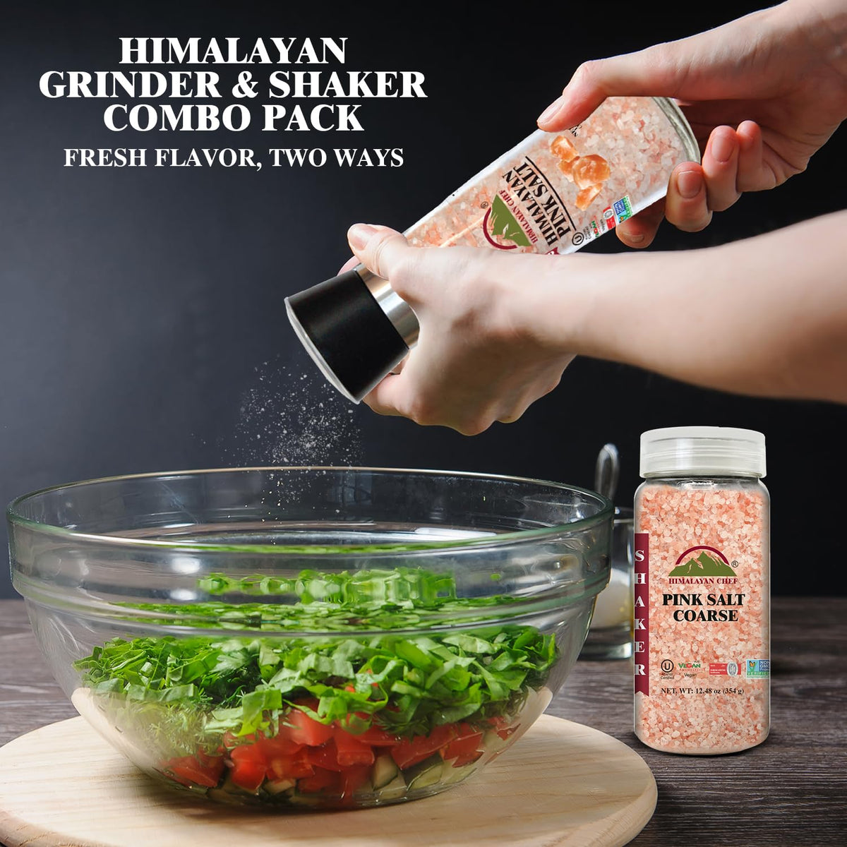 Himalayan Chef pink salt set on a dining table for everyday use.