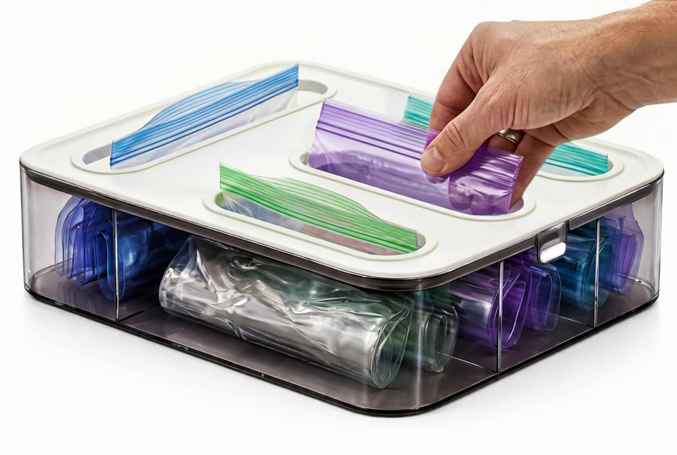 HIMUS 4-in-1 baggie organizer for drawers keeps gallon, quart, sandwich, and snack bags neatly organized.