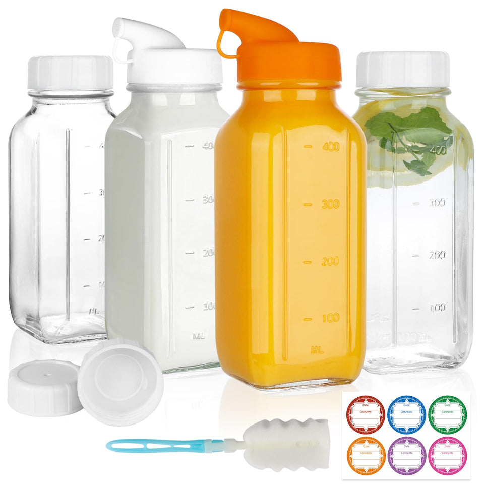HINGWAH 4-pack 16 oz glass bottles with lids for organized fridge storage.