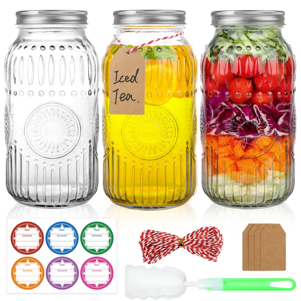HINGWAH 64 oz wide-mouth jar with sunflower embossing for elegant pantry storage.