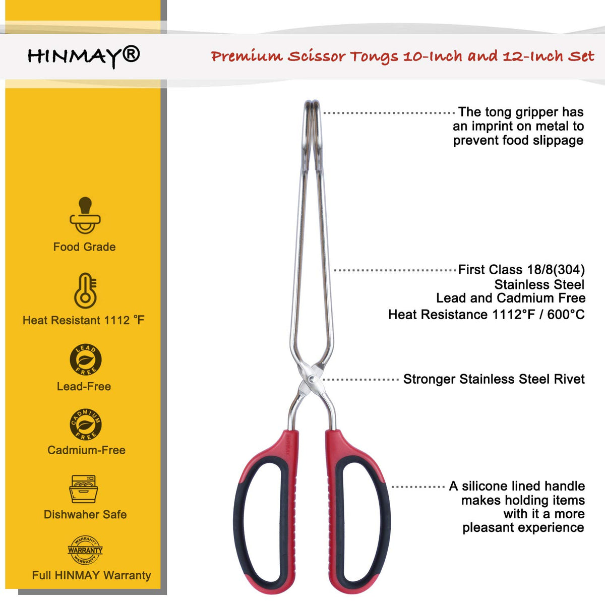 HINMAY stainless steel scissor tongs 12-inch in action flipping burgers