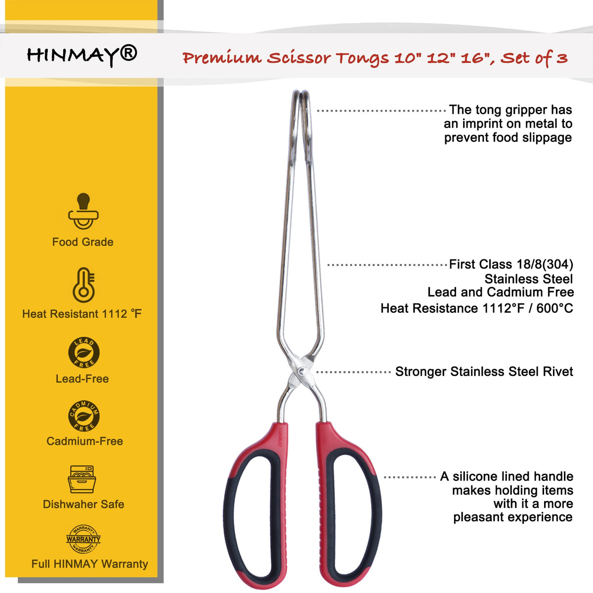 HINMAY 12-inch tong set ideal for grilling and sautéing with control.