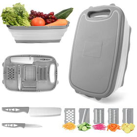 hi ninger collapsible cutting board with colander saves space during meal prep.