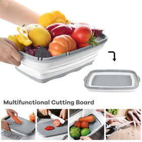 hinnger collapsible sink with drain basket for compact washing.