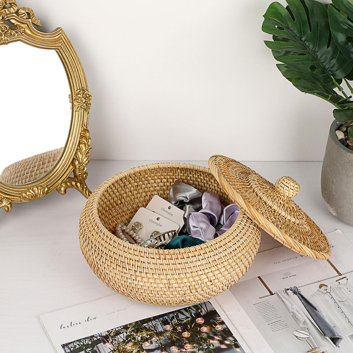 Hipiwe basket on bedside table organizes cosmetics and essentials.