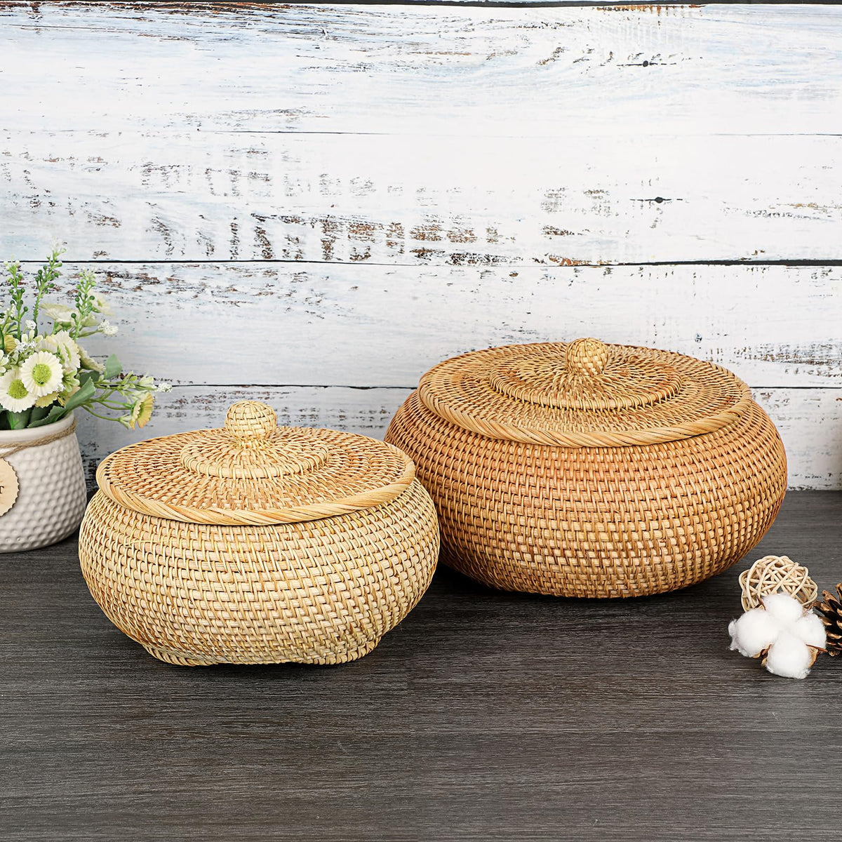 Hipiwe round rattan basket with lid on entryway table organizing keys.