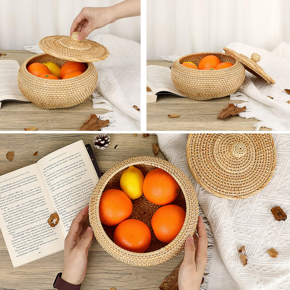 Hipiwe round rattan basket on kitchen counter storing fruit and snacks.