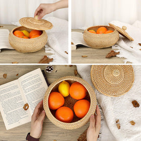 Hipiwe round rattan basket on kitchen counter storing fruit and snacks.