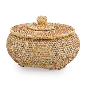 Hipiwe round rattan basket with lid closed on kitchen shelf for dust-free storage.