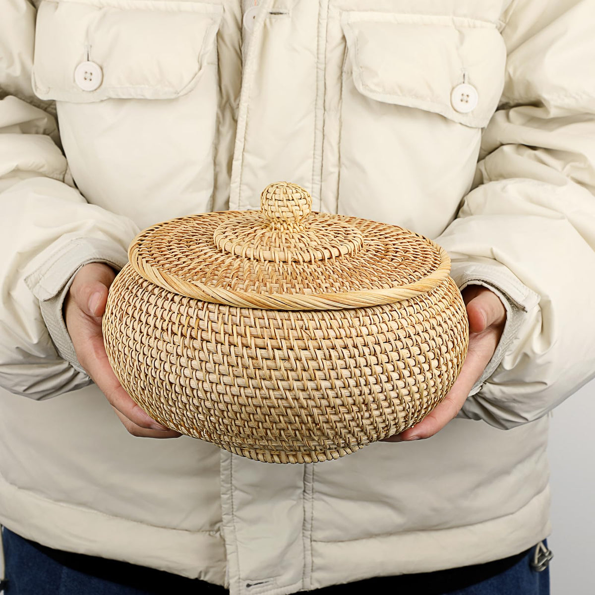Hipiwe round rattan basket as a decorative living room accent.