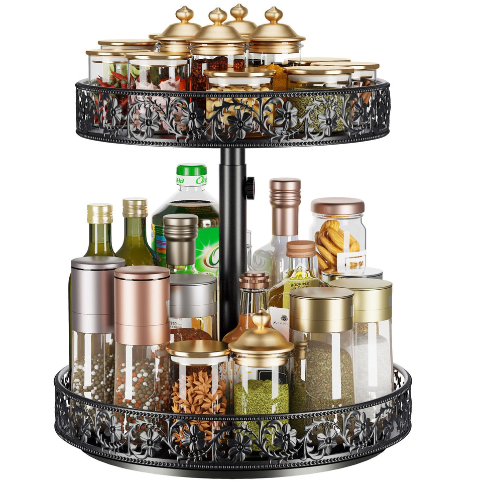 HISKIWUU two-tier lazy susan turntable showing easy access to jars
