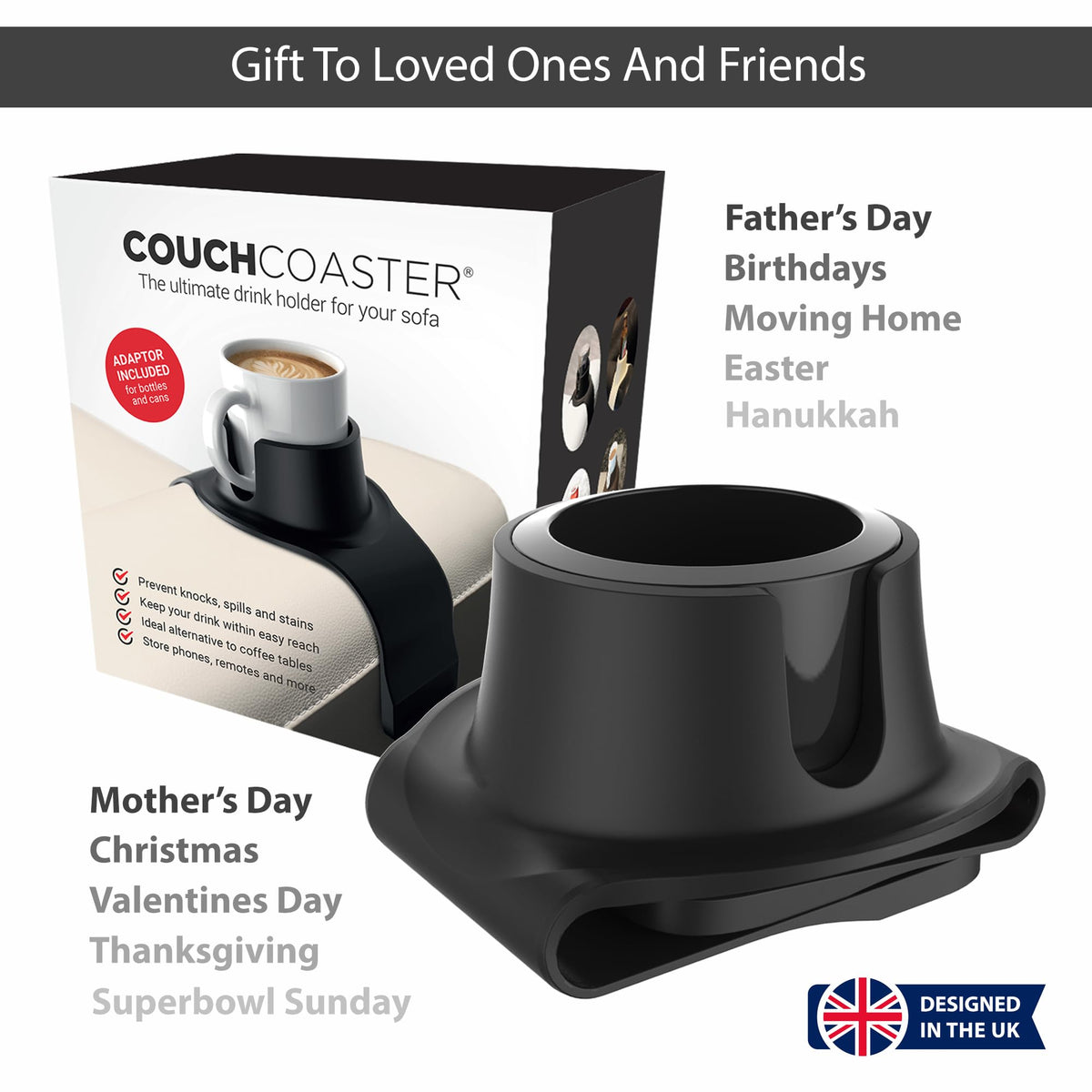HIT PRODUCTS CouchCoaster BPA-free silicone is lightweight and portable.