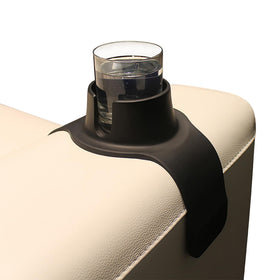 HIT PRODUCTS CouchCoaster on sofa armrest keeps drinks secure on jet-black finish.