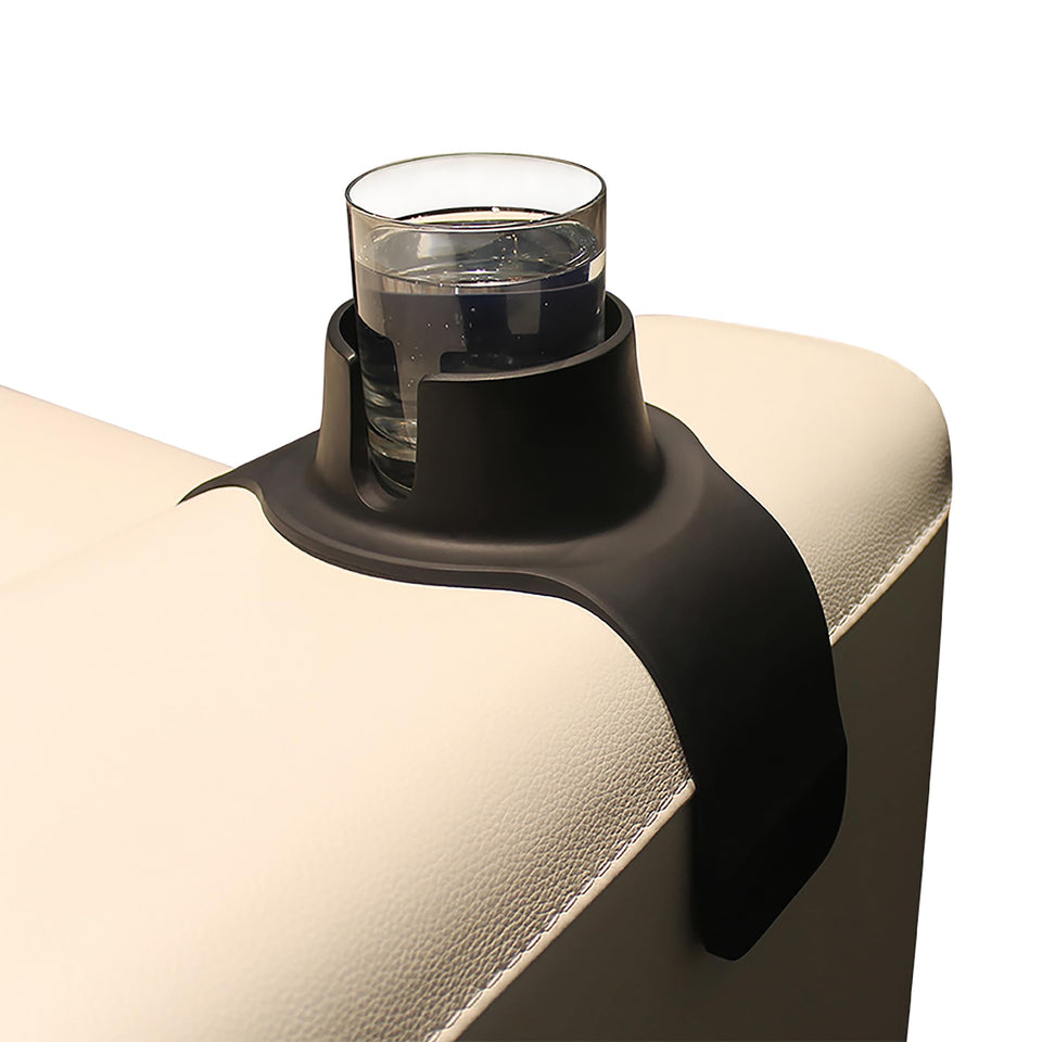 HIT PRODUCTS CouchCoaster on sofa armrest keeps drinks secure on jet-black finish.