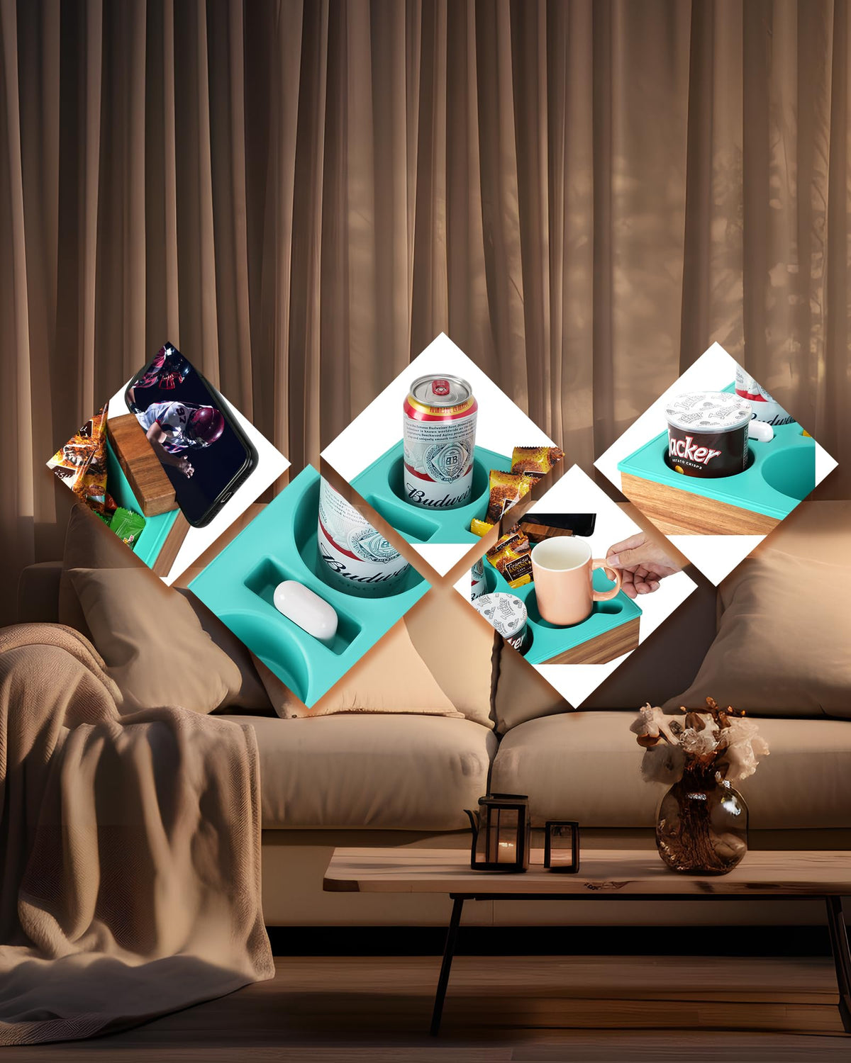 Hitseon couch tray supports mugs and remotes safely.