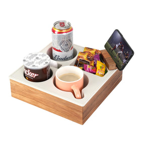 Hitseon couch cup holder tray on a sofa keeps drinks stable and snacks nearby
