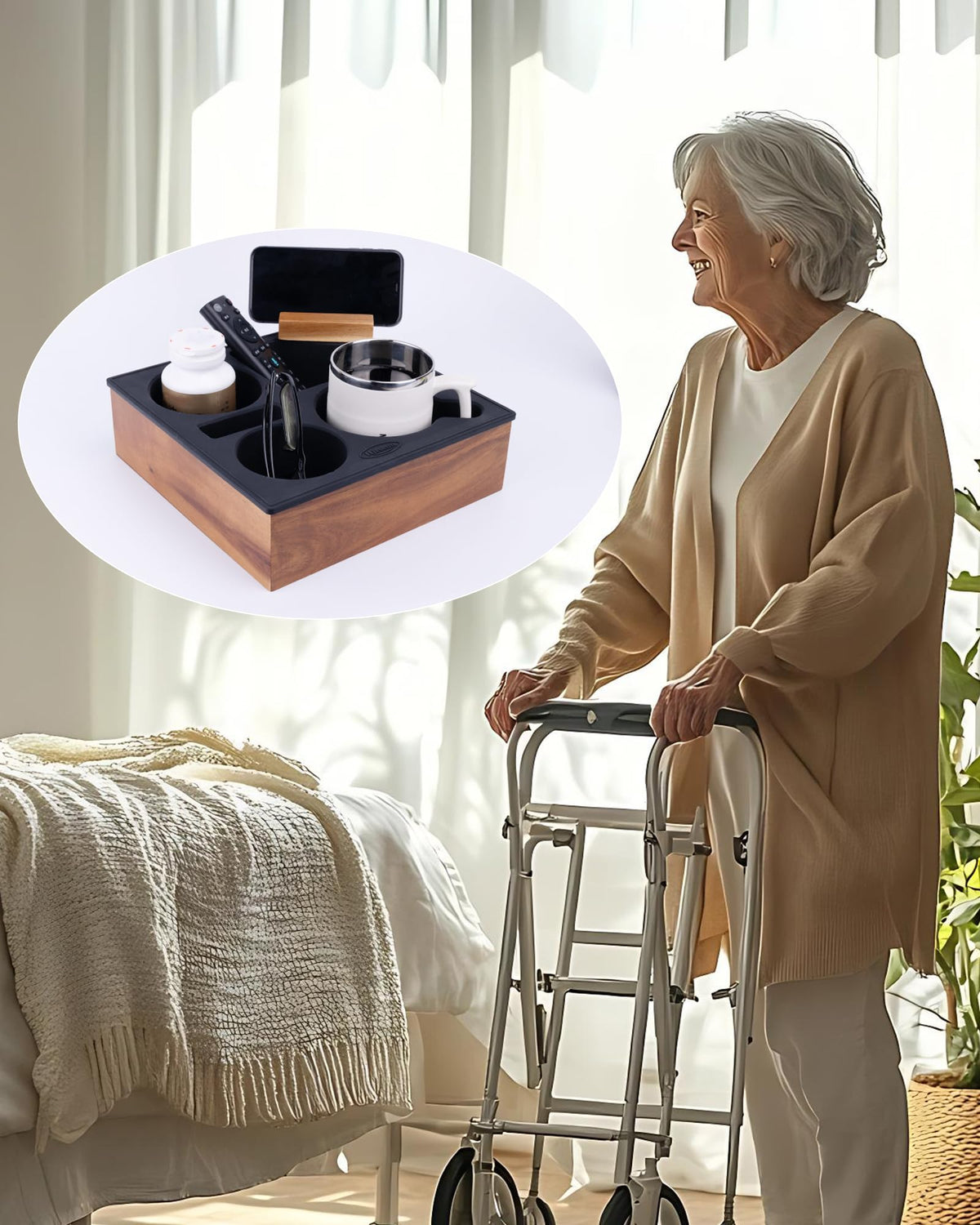 Hitseon silicone-acacia tray with non-slip pads secures items on furniture.