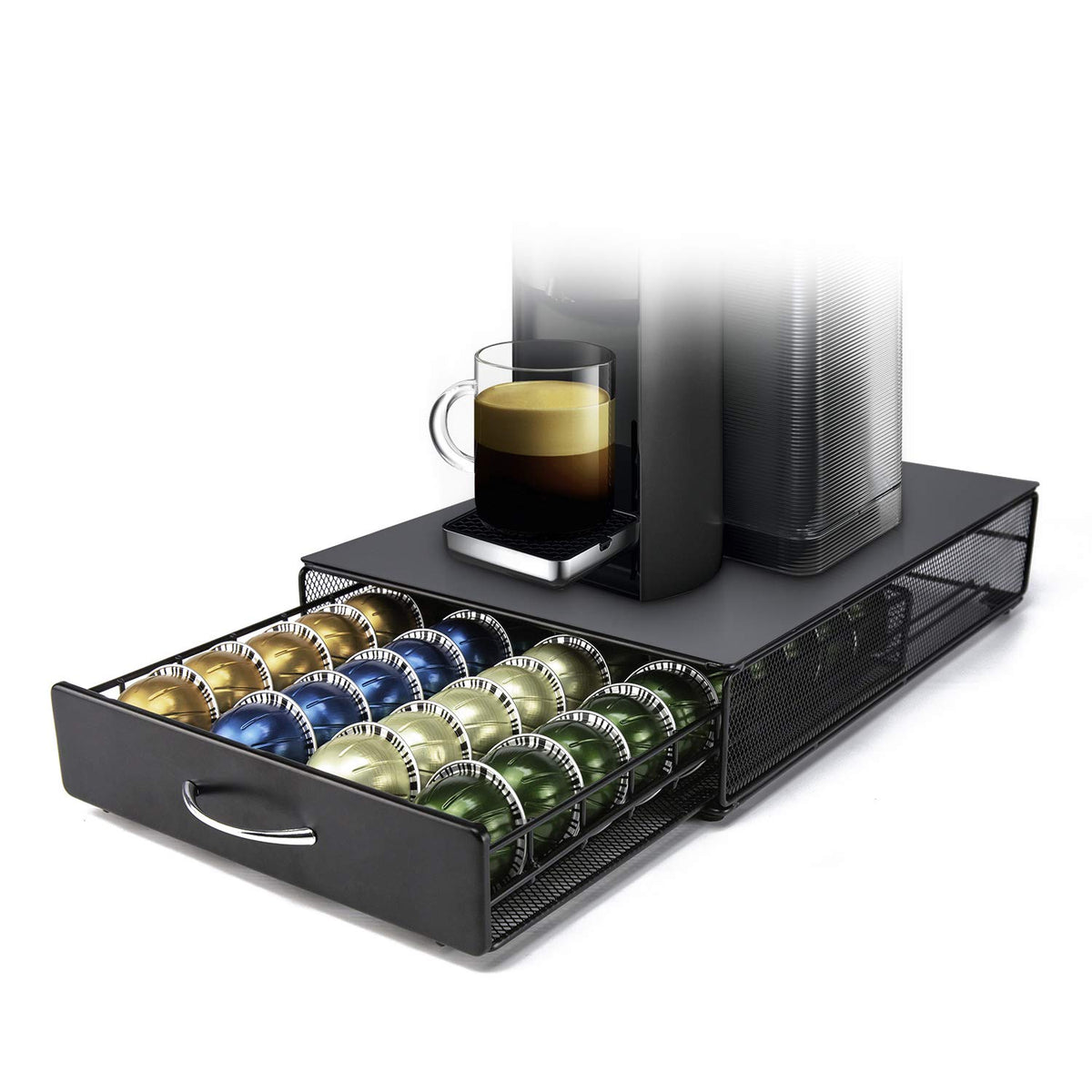 HiveNets Vertuoline drawer full-capacity display streamlines pod storage on the counter