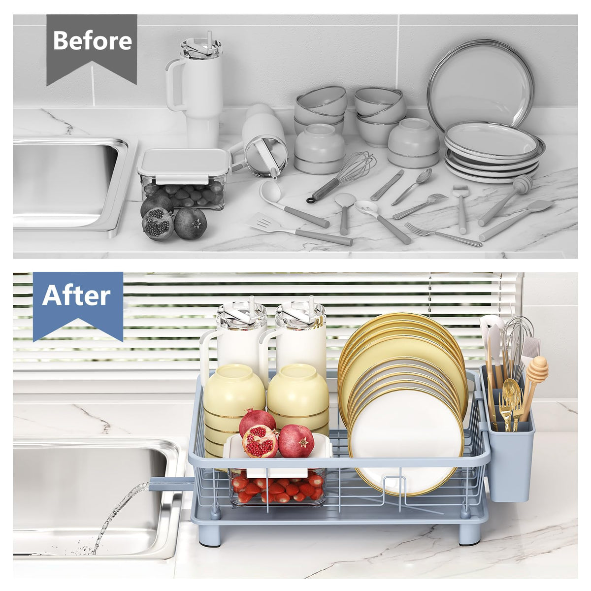 Hiviweer blue dish drying rack with four-compartment utensil holder for sorting spoons and forks.